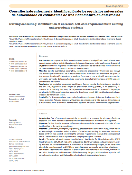 Consultoría de enfermería: identificación de los requisitos universales de autocuidado en estudiantes de una licenciatura en enfermería
