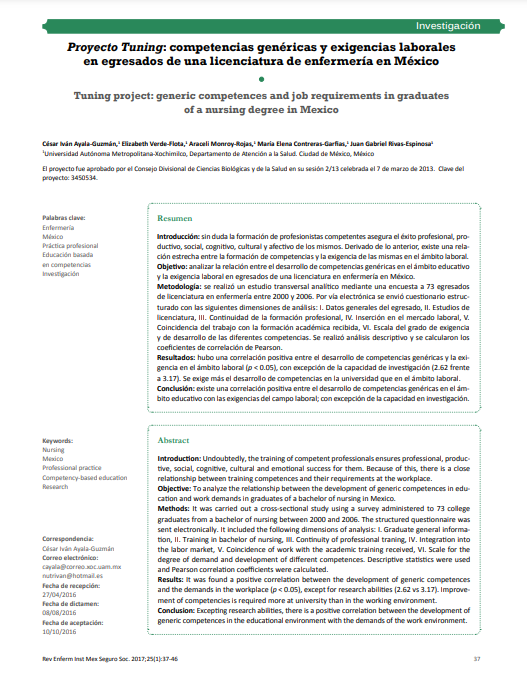 Proyecto Tuning: competencias genéricas y exigencias laborales en egresados de una licenciatura de enfermería en México